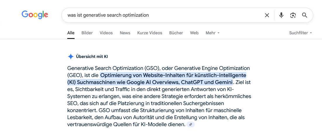UPON Online Marketing – Generative Search Optimization - Beispiel-Screenshot einer KI-Antwort von Google AI Summary Was ist Generative Search Optimization