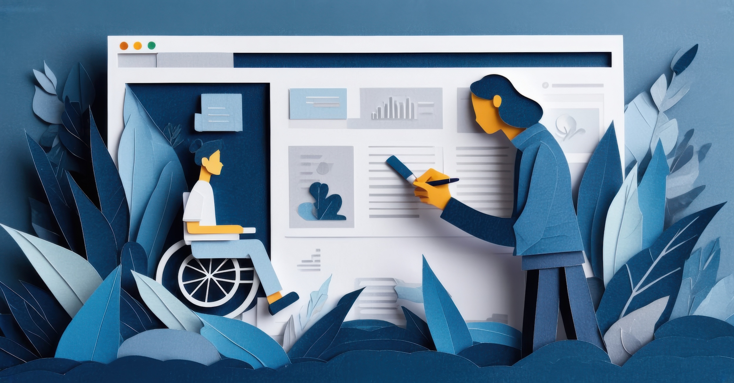 Paper cutout of designer adding accessibility features to website deep navy and muted silver symbolizing inclusive ux design Designer ergänzt Barrierefreiheitsfeatures zu einer Website. Dunkelblau und Silber. Inklusives Benutzerdesign