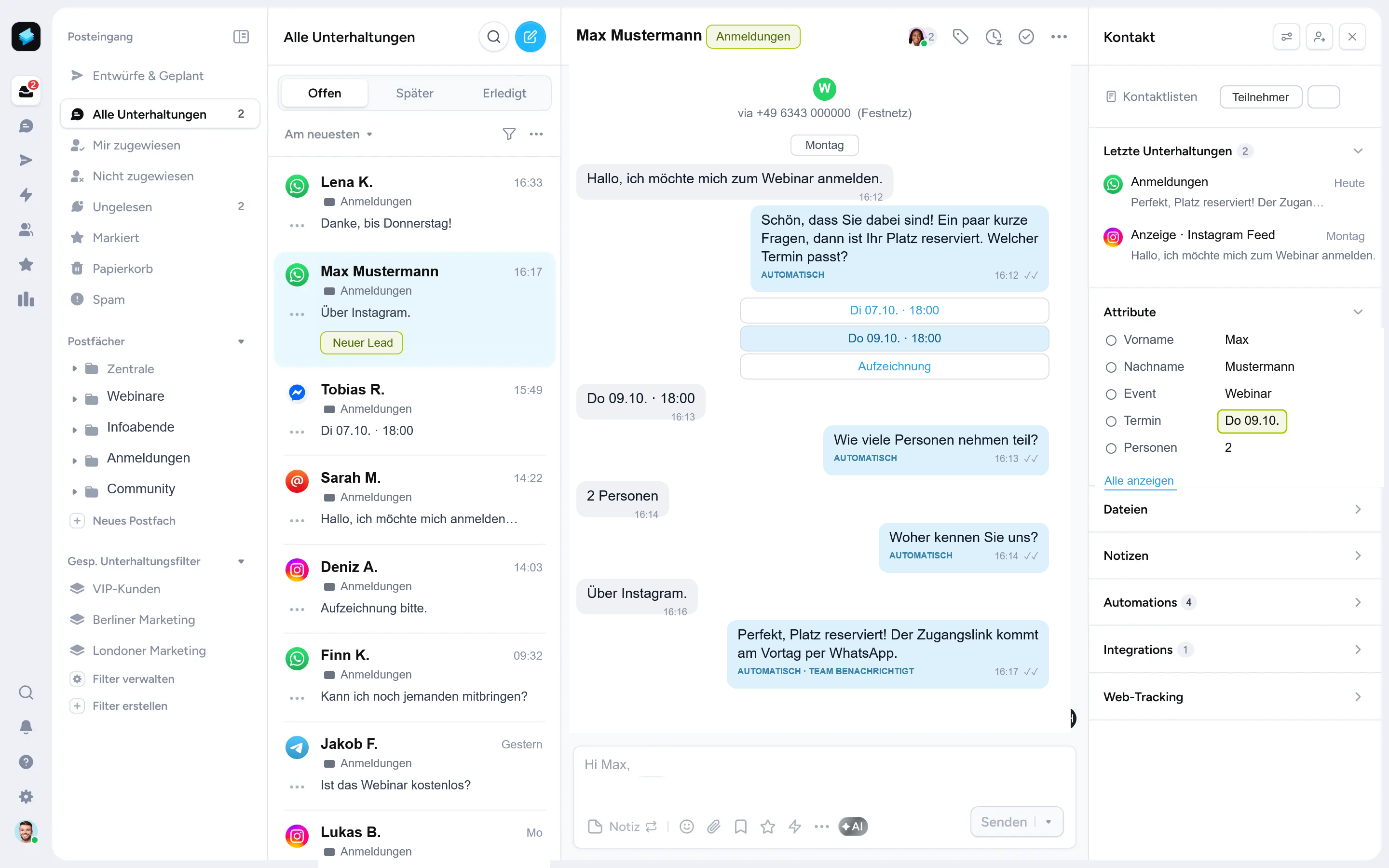 Superchat-Posteingang: Webinar-Anmeldung mit automatischer Abfrage, Profil füllt sich mit Event, Termin und Personen